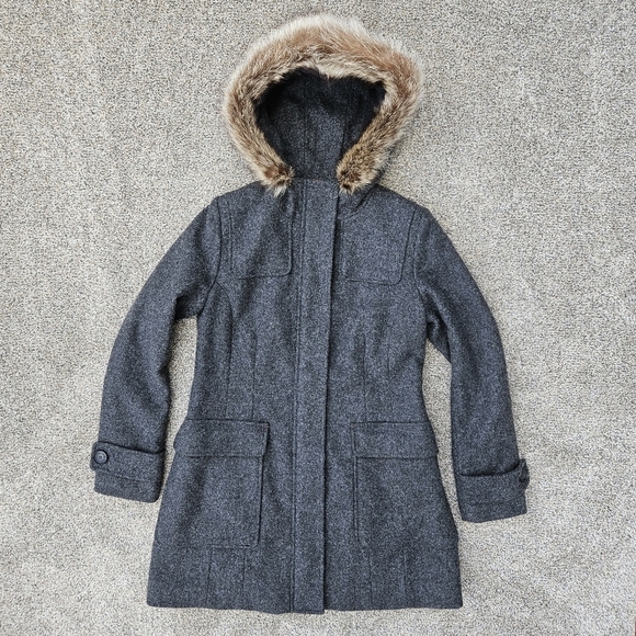 Pendleton Ash Melange Dark Gray Wool Peacoat Raccoon Fur Hood Trim Coat Size S 2 - Picture 1 of 16